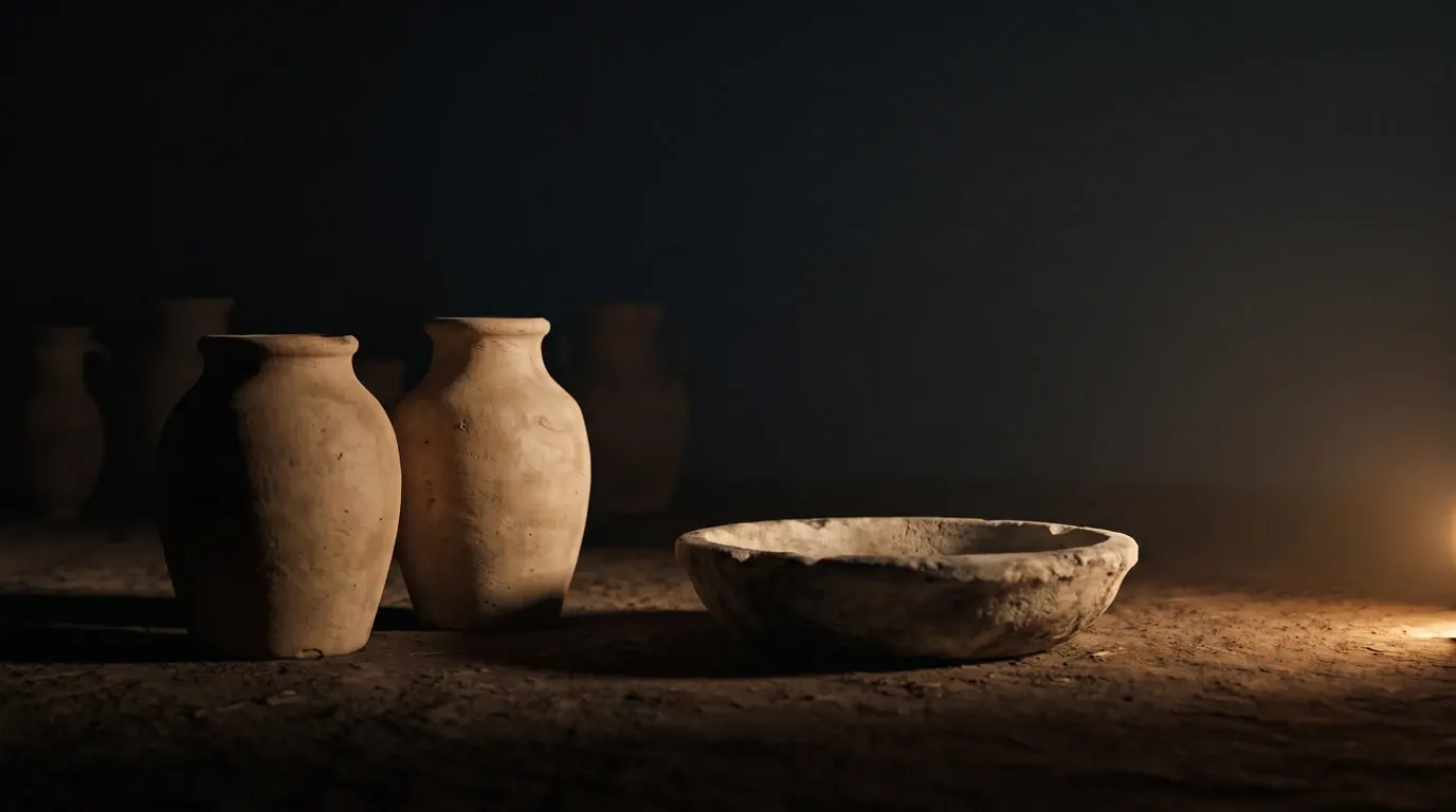 Plain earthenware water jars and a worn stone basin standing on a bare earth floor.