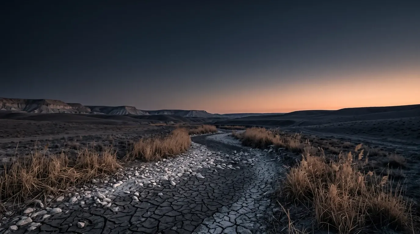The dry bed of a river, cracked mud and pale stones between wilted reeds.