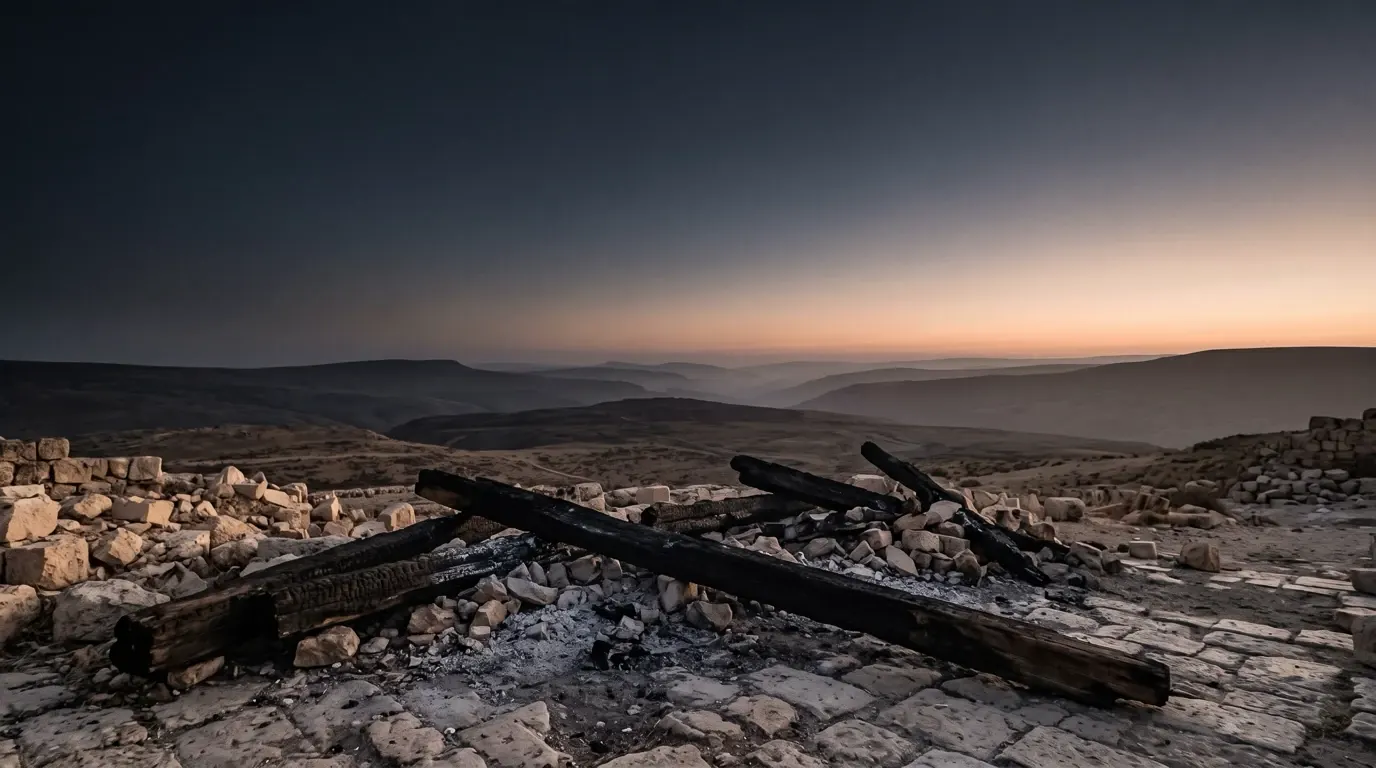 Charred beams of a burned gate lying in limestone rubble and ash on worn paving stones.