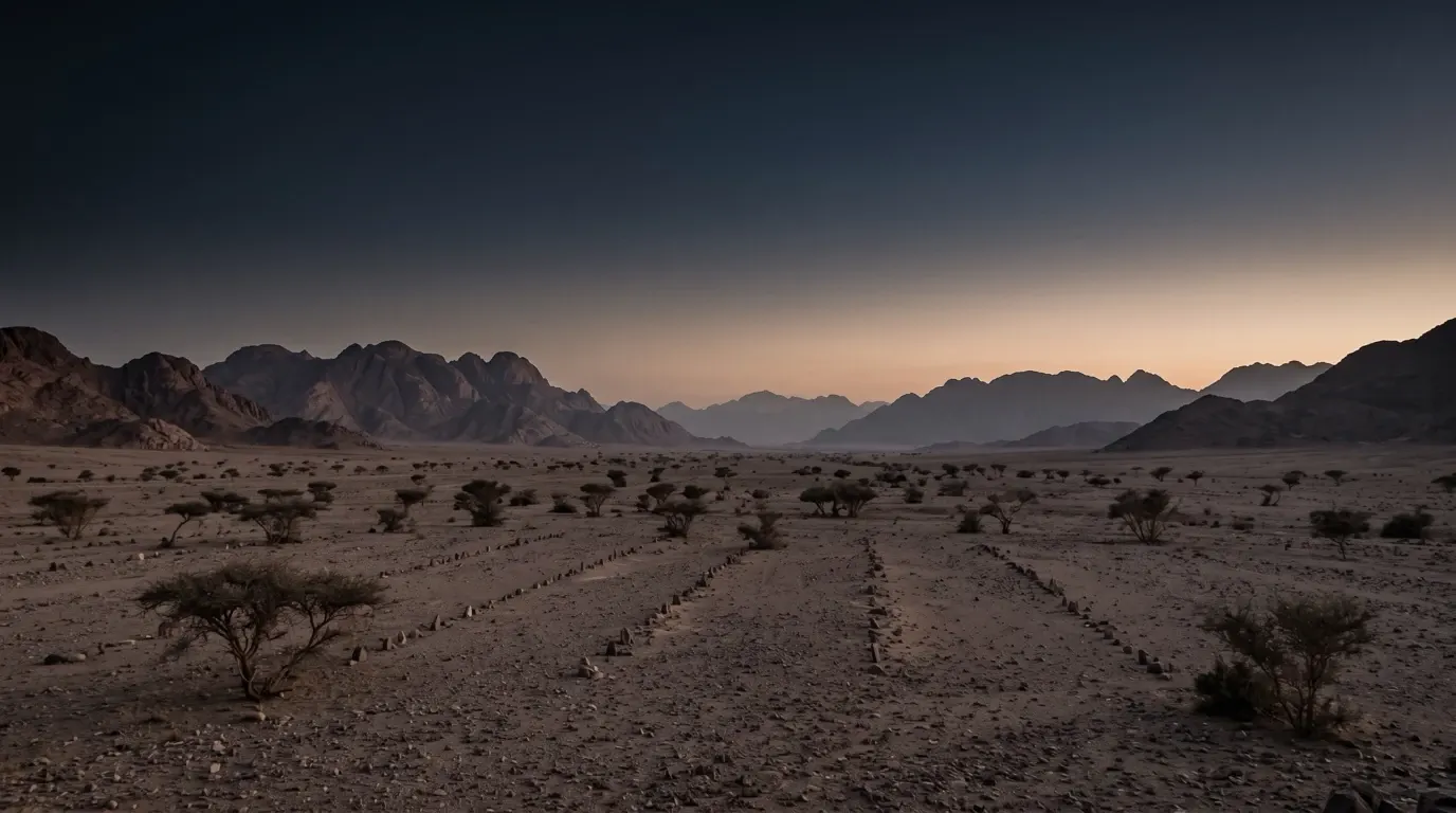 A vast gravel plain scattered with acacia trees beneath jagged granite ranges, old camp stones set in long rows across it.