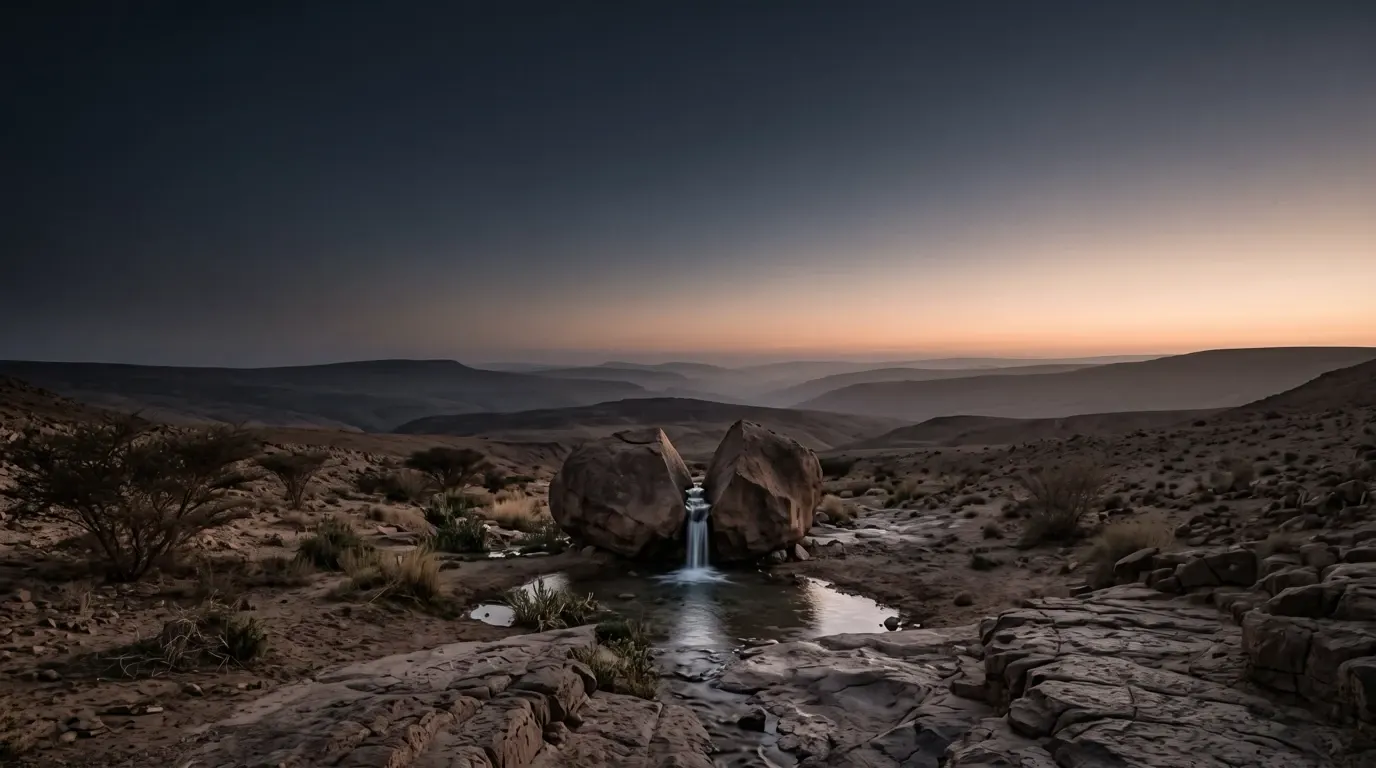 Water flowing out of a split rock in the desert.