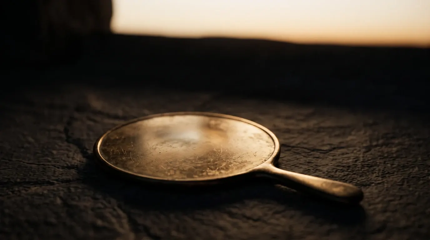 A small polished bronze hand mirror lying on dark stone, its dulled surface holding light but no clear image.