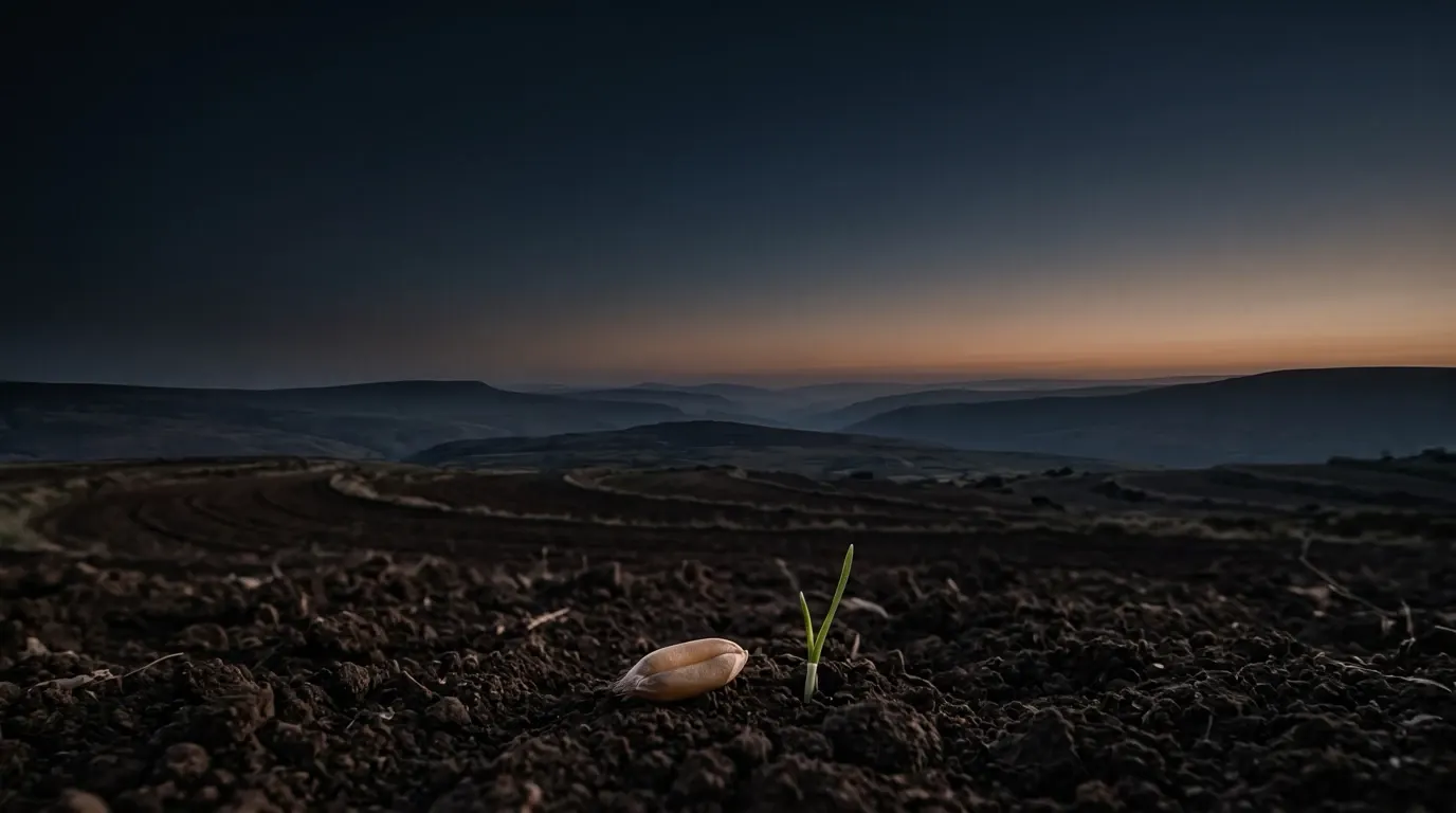 A single bare grain lying on dark tilled earth, a first green shoot beside it.
