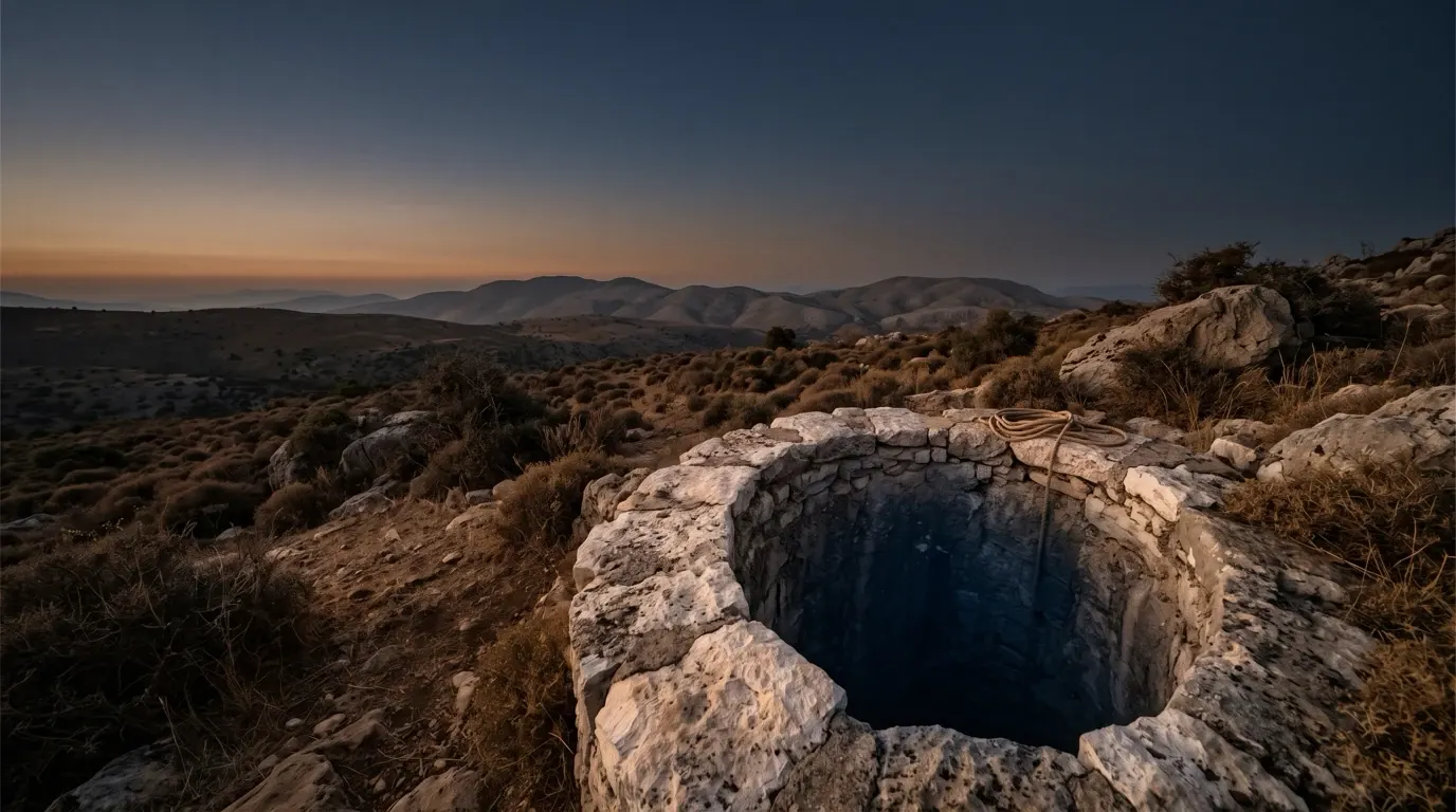 A deep shaft cut into the rock, seen from its rim.