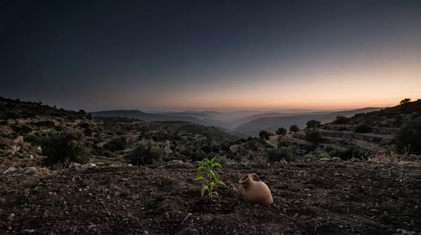 A young green plant growing from dark soil beside a small clay jar.