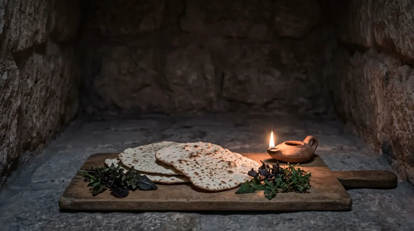 Flat unleavened loaves and bitter herbs on a wooden board in a room of undressed stone, a small clay lamp beside them.