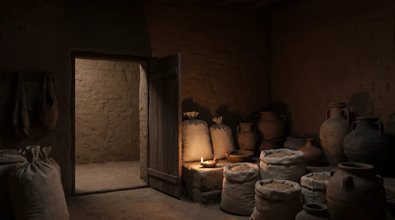 An open storeroom, sacks of grain and jars inside, its door standing wide.