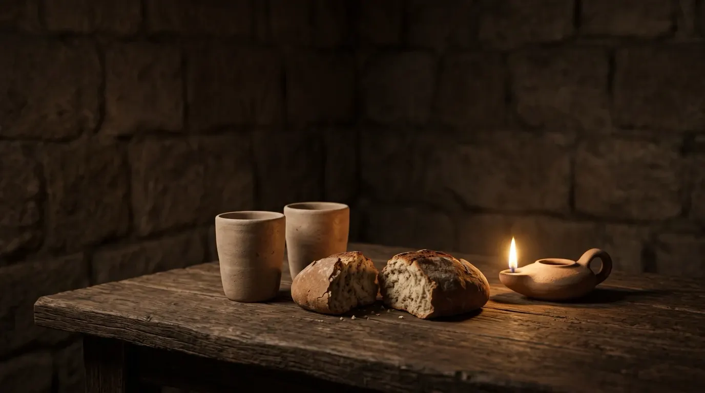 Two clay cups and a broken loaf on a worn wooden table beside a clay lamp.