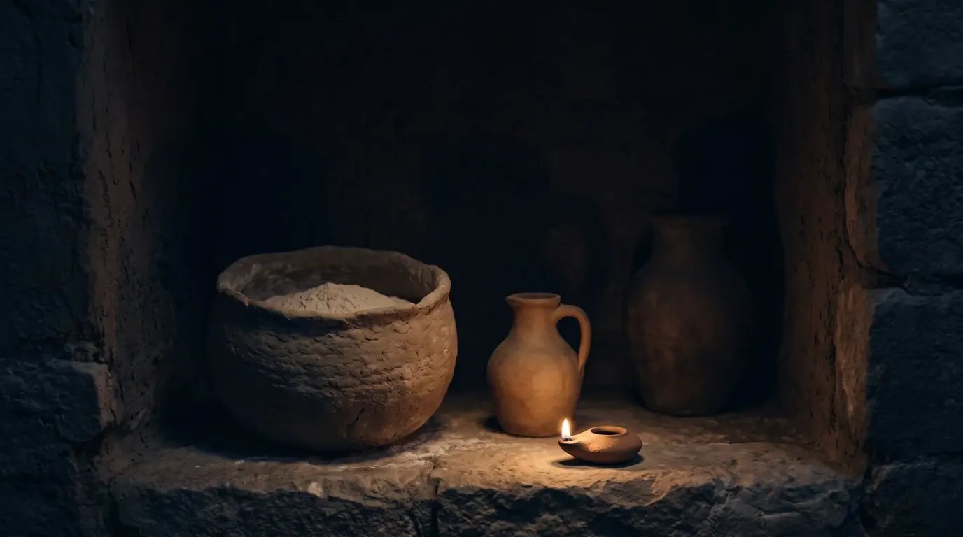 A clay jar of flour and a small jug of oil in a stone niche, a clay lamp beside them.