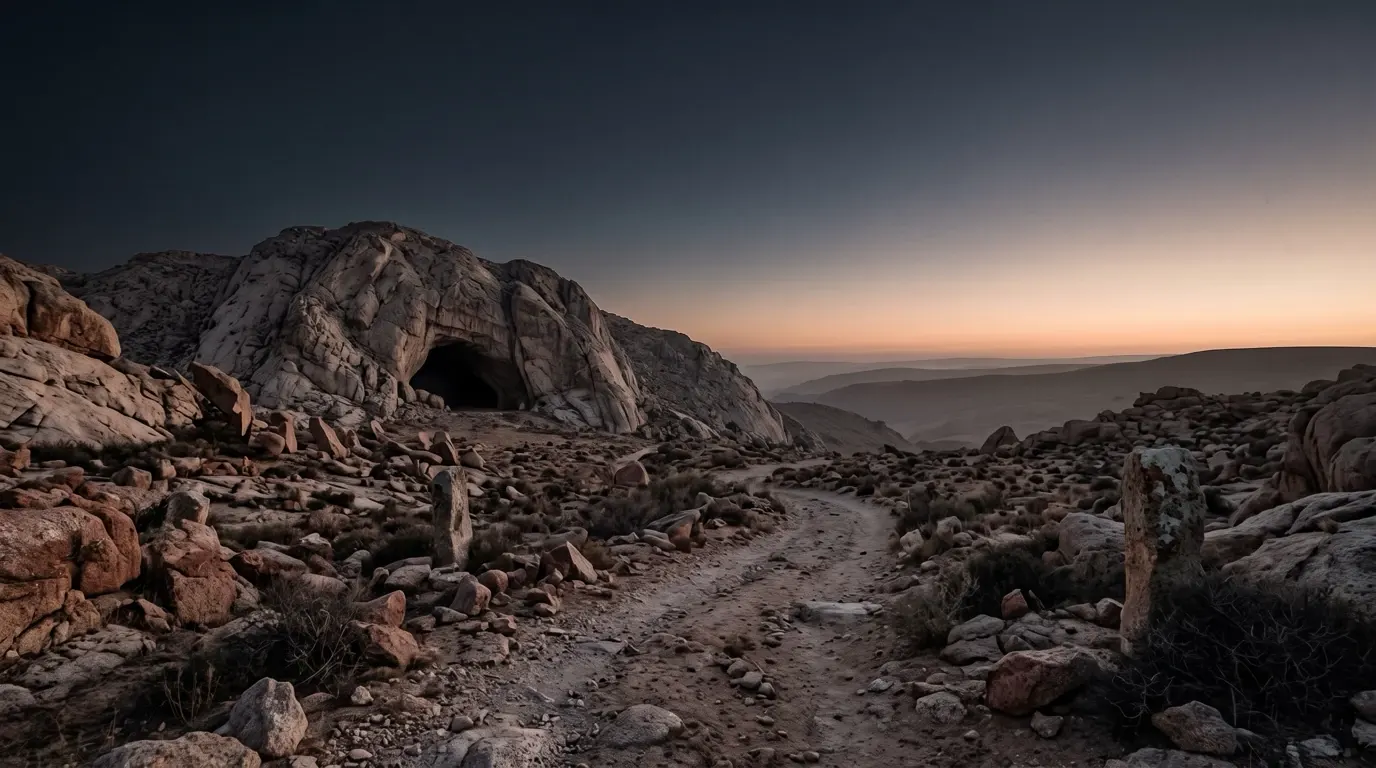 The dark mouth of a cave in the mountainside, a path leading toward it.