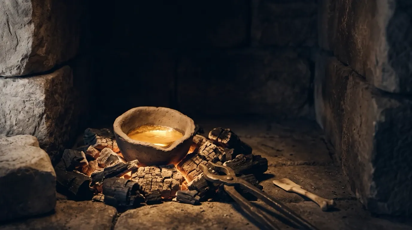 Gold melting in a small clay crucible set in glowing charcoal.
