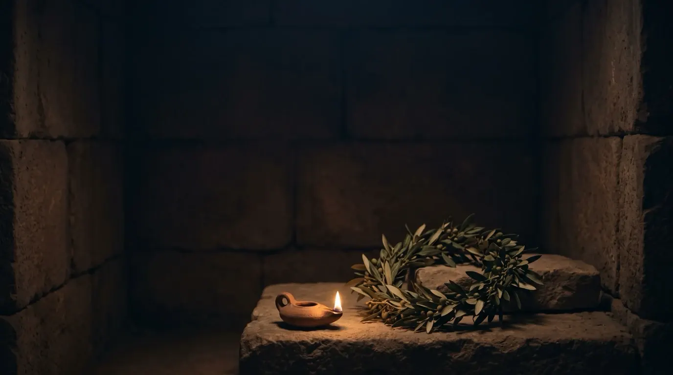 A wreath of green leaves, a victor’s crown, on a stone bench.