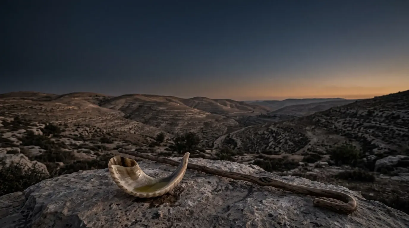 A ram’s horn of oil and a shepherd’s staff on a rock above the hills.