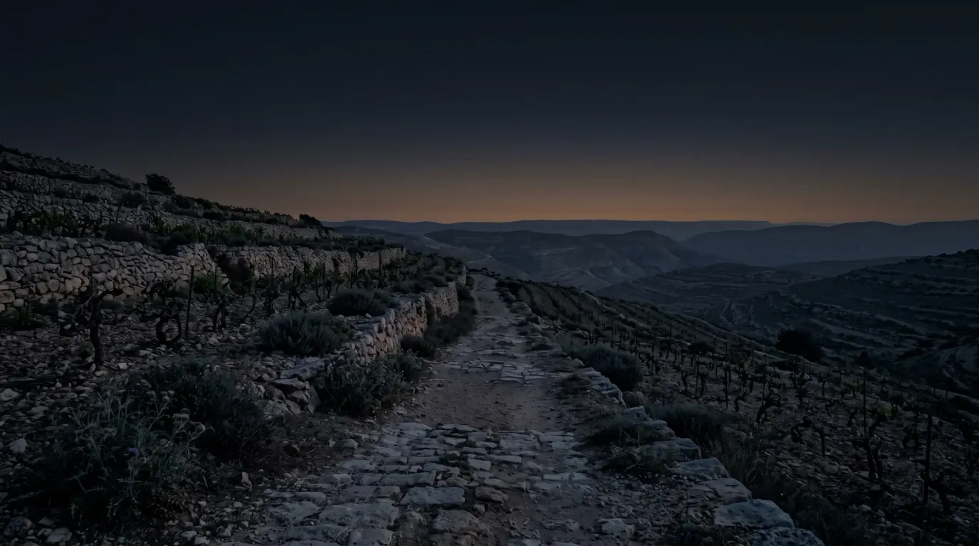 A stony path climbing between terraced vineyards toward a quiet ridge.