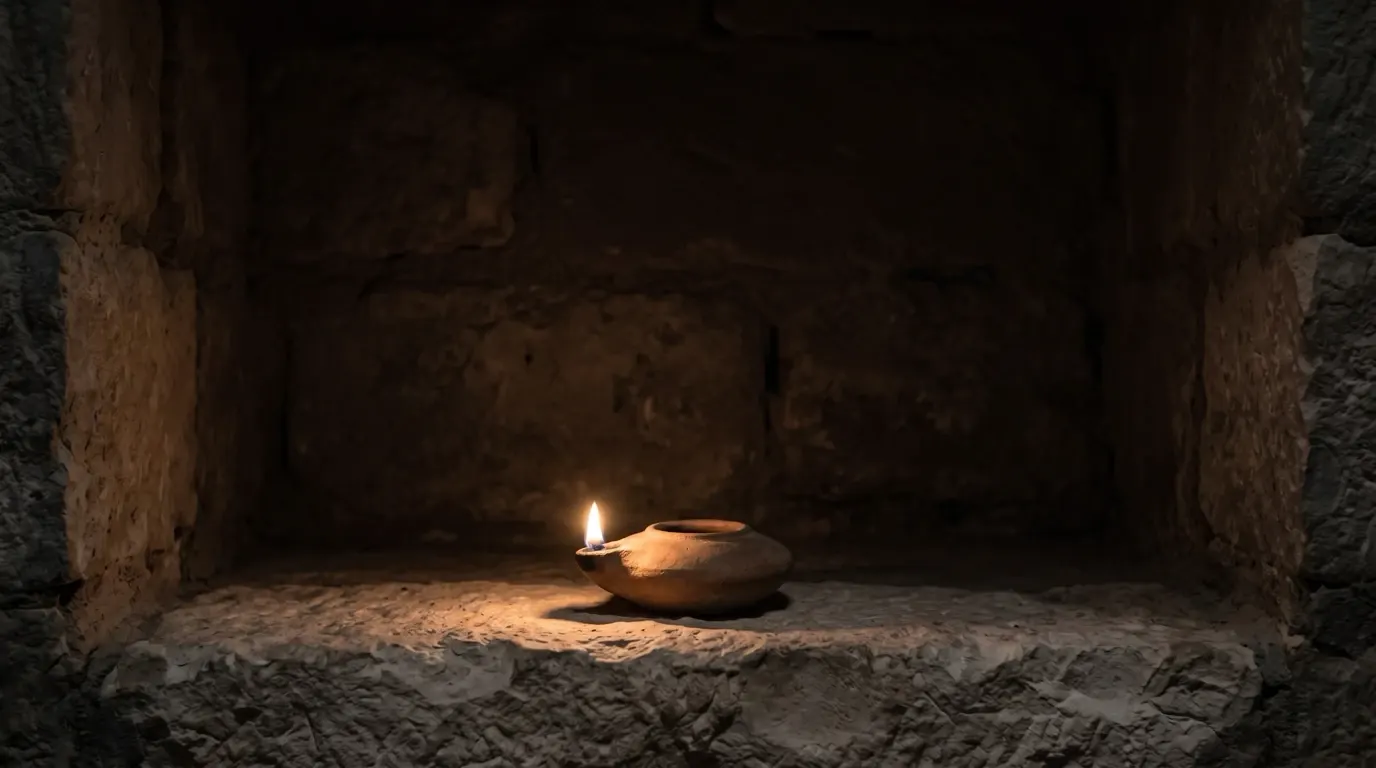 A small clay lamp still burning low in a stone niche.