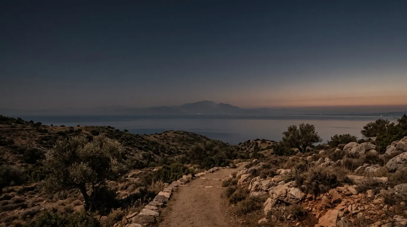 A calm gulf seen from the hills above it, a high mountain faint across the water.