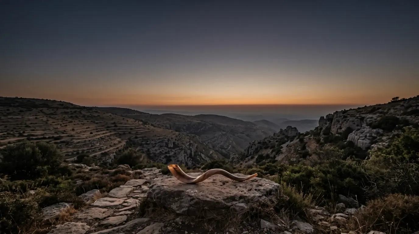 A ram’s-horn trumpet lying on a rock on a hilltop.