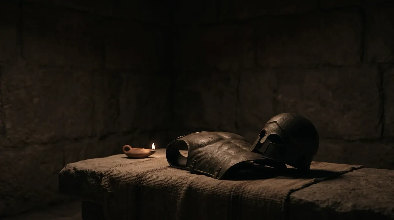 A bronze breastplate and helmet laid on a woven cloth on a stone bench.