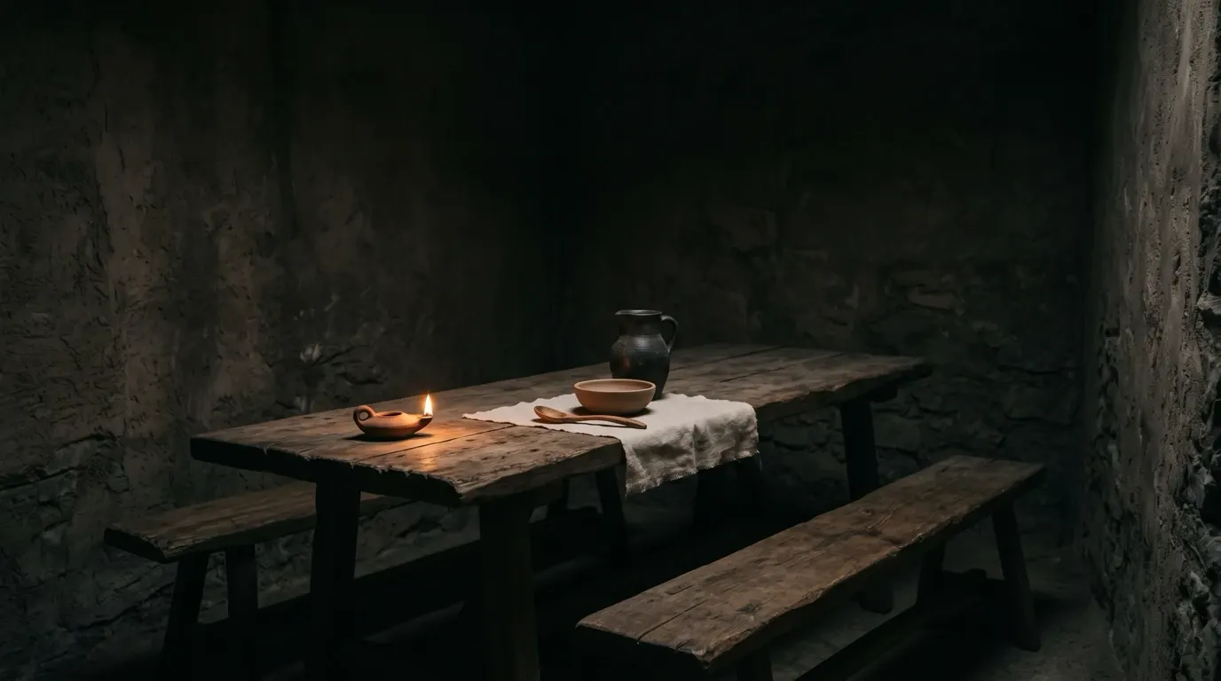 A plain room with a long wooden table and benches set for a guest, a small clay lamp on the table.
