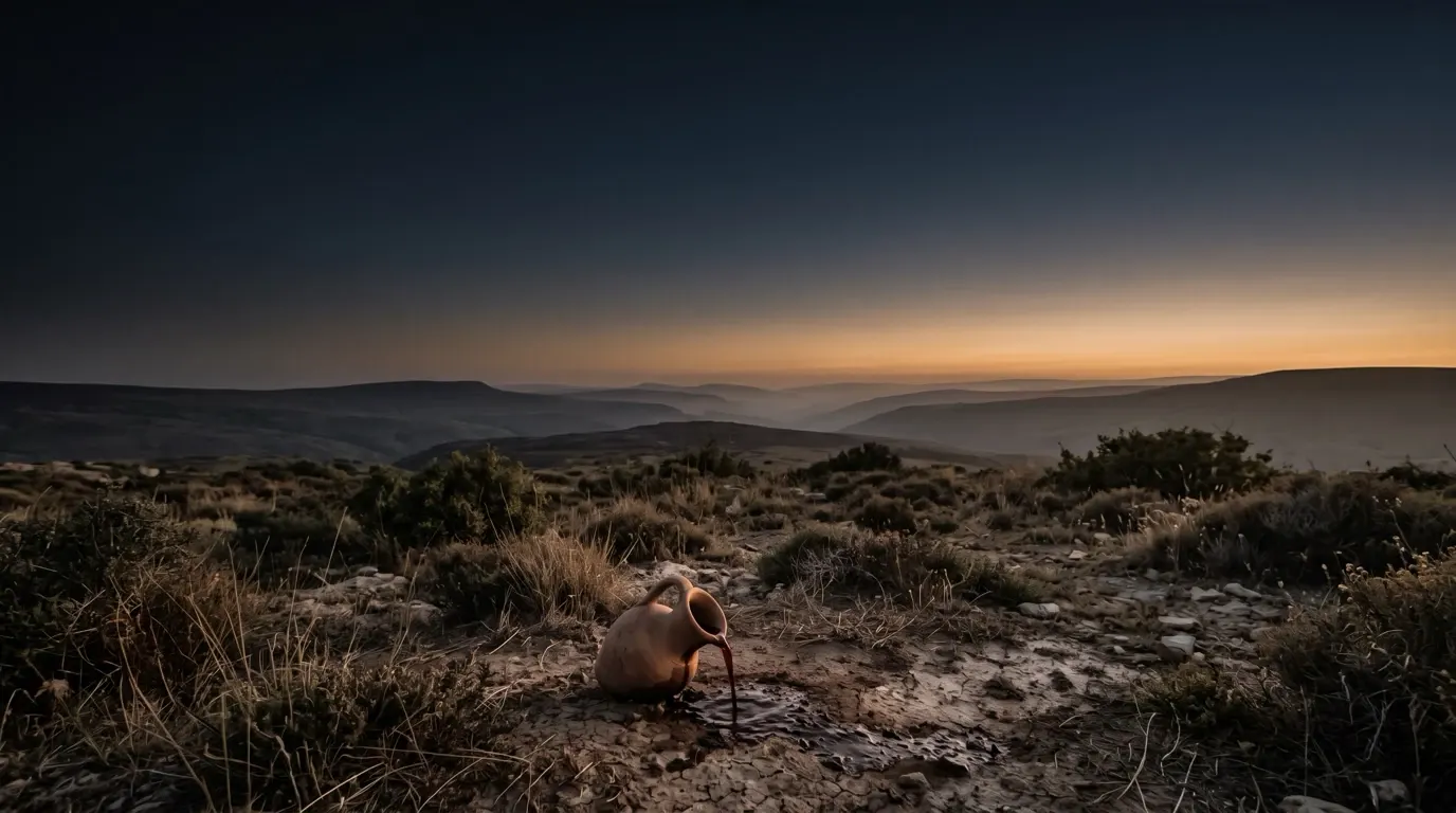 A small clay jug on its side, its wine poured out on the ground.