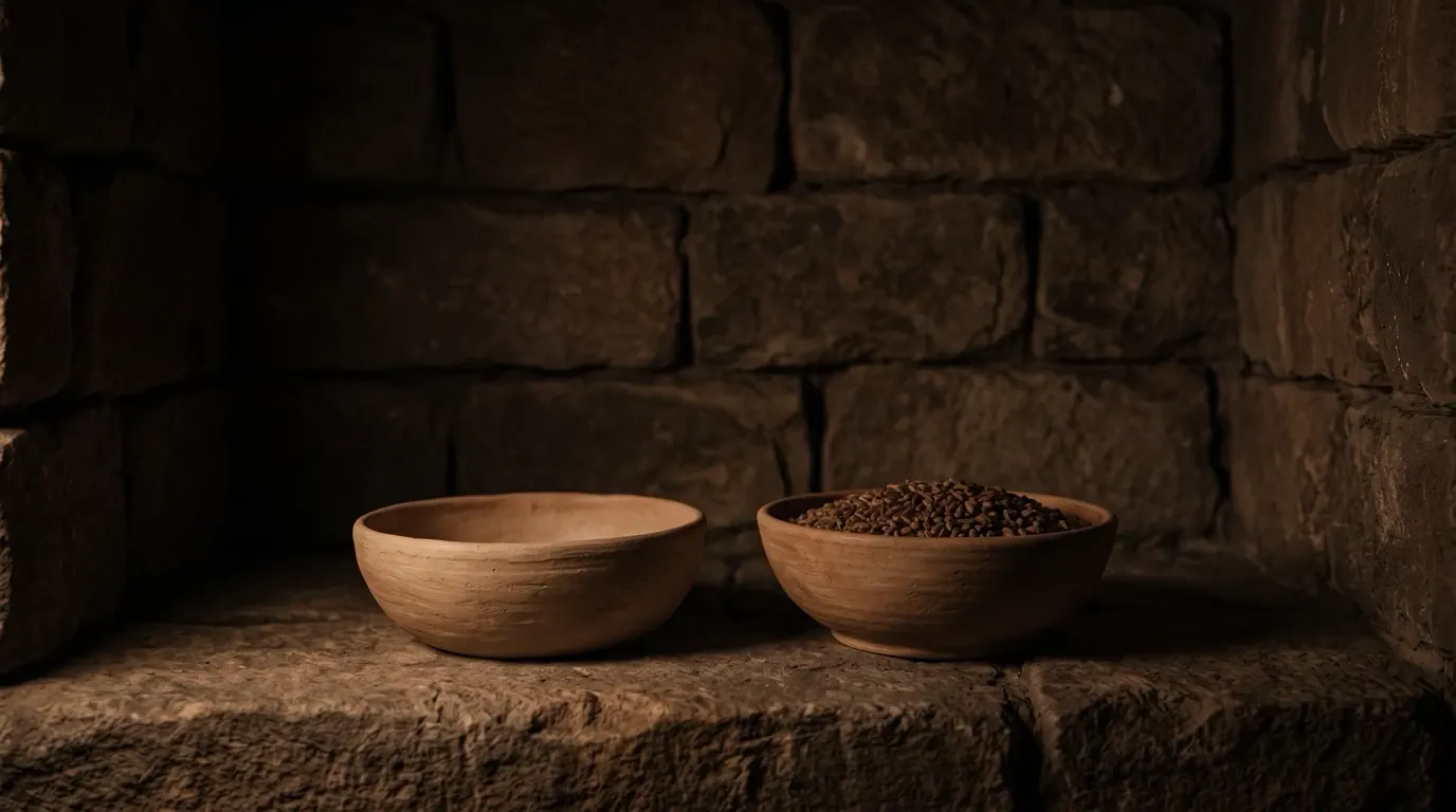 An empty clay bowl and a full one side by side on a stone ledge.