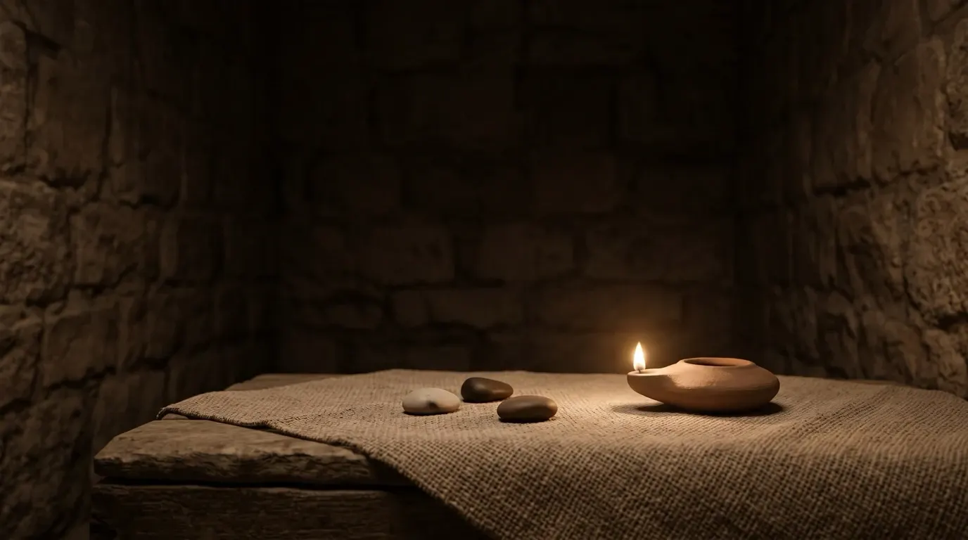 A few small smooth stones for casting lots on a woven cloth, beside a clay lamp.