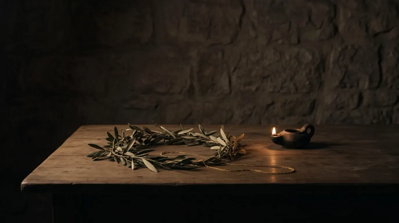 A garland of olive leaves and a fine gold chain lying on a plain wooden table beside a clay lamp.