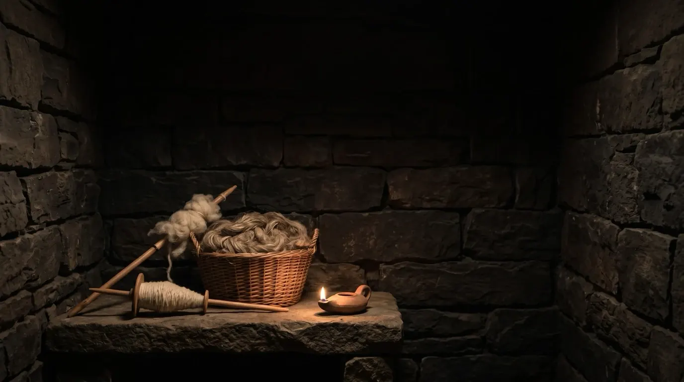 A spindle and distaff with spun wool and a basket of fleece on a stone bench.