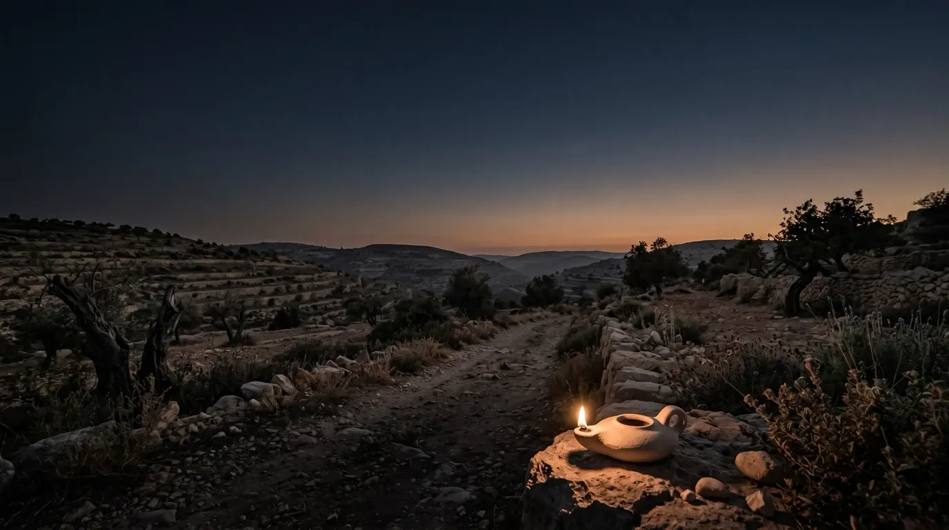 A small clay lamp burning on a stone beside a path through the hills.