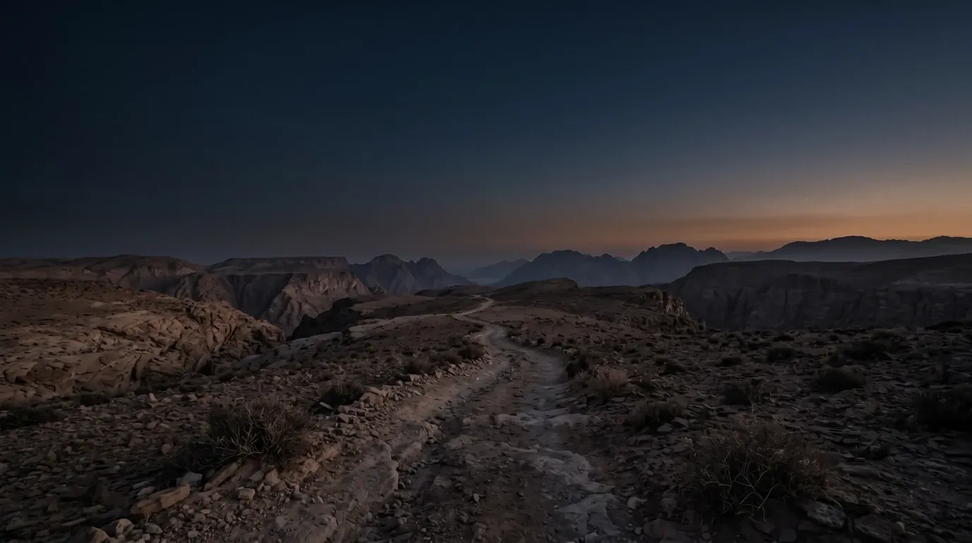 A track leading through the wilderness toward far mountains.