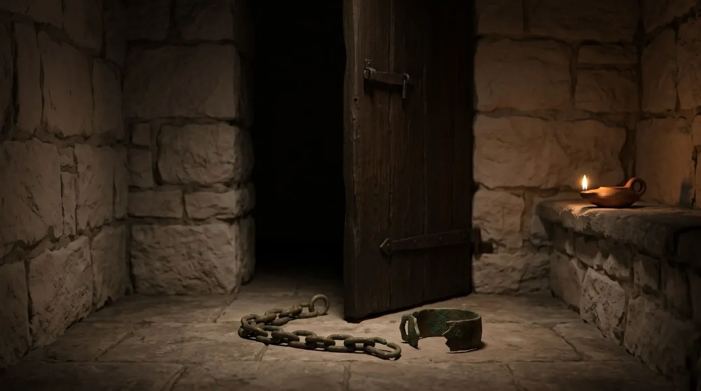A broken fetter on a stone floor beside a wooden door standing open.