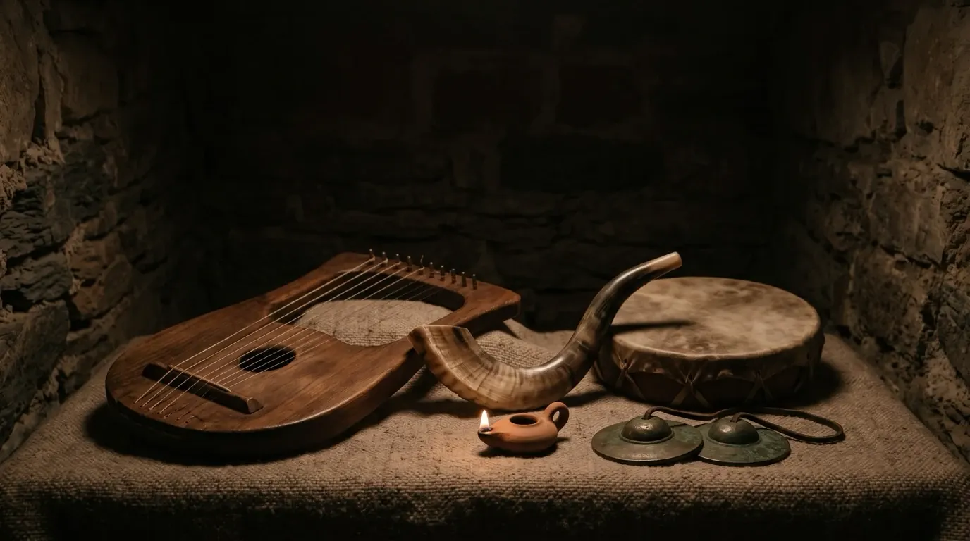 A lyre, a ram’s horn, a hand drum and bronze cymbals laid on a woven cloth.
