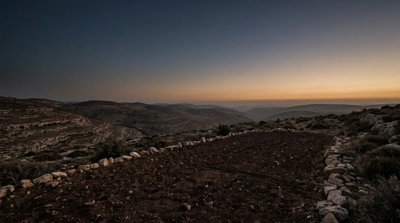 A small field of dark tilled soil on a hillside, its edge marked by a low line of laid stones.