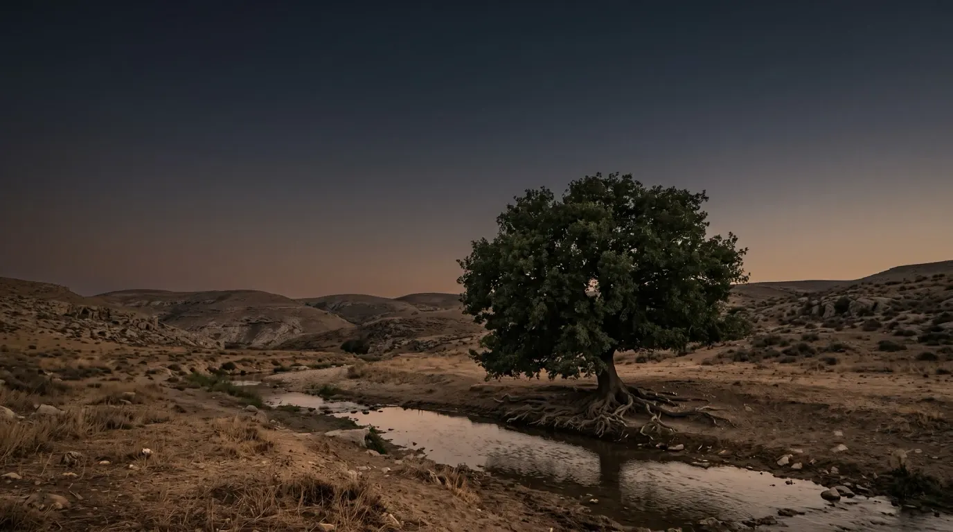 A single broad tree in full leaf beside a running stream in dry country.