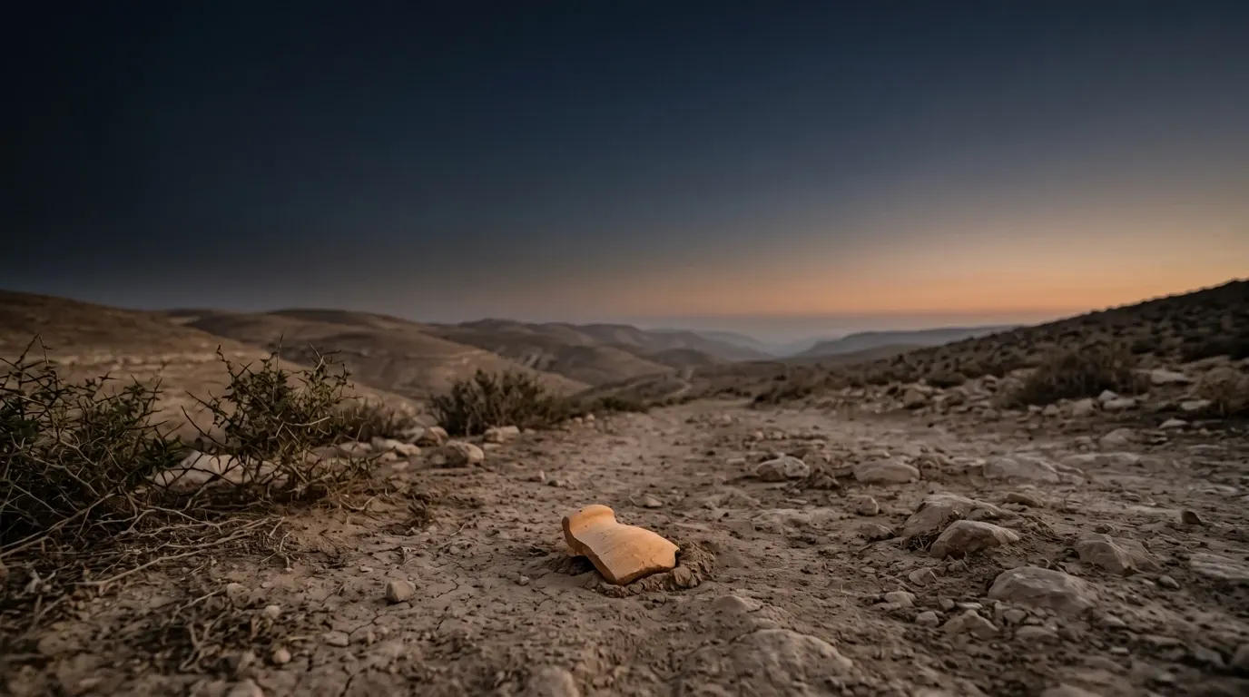 A broken clay potsherd in the dust of a dry road through the hills.