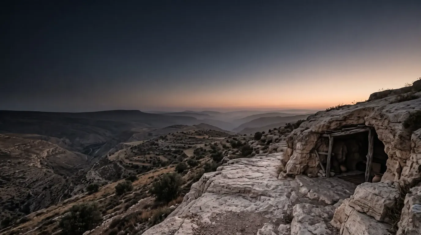 A high rock outcrop above a deep valley, a shelter in the cleft of the rock.