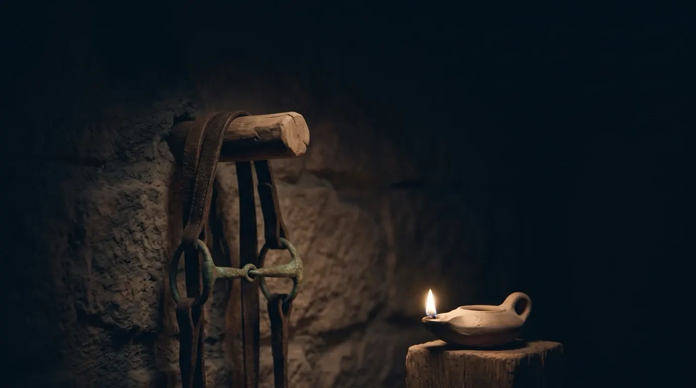 A bronze bit and a leather bridle hanging from a wooden peg, a clay lamp beside them.