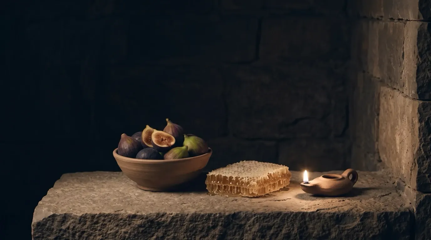 A bowl of ripe figs and a piece of honeycomb on a stone ledge beside a small clay lamp.