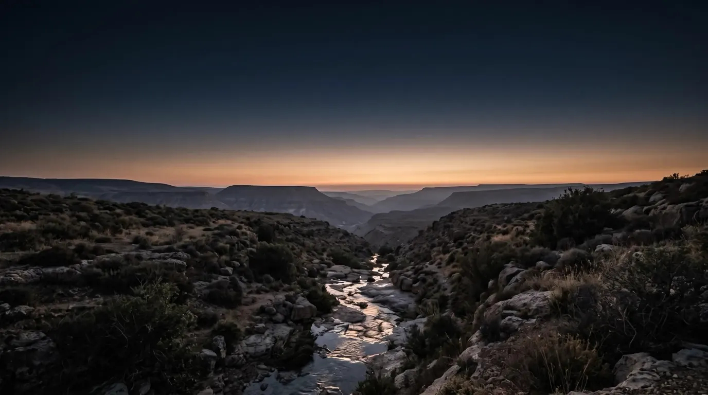 A stream running down a rocky ravine, the water catching the last light.