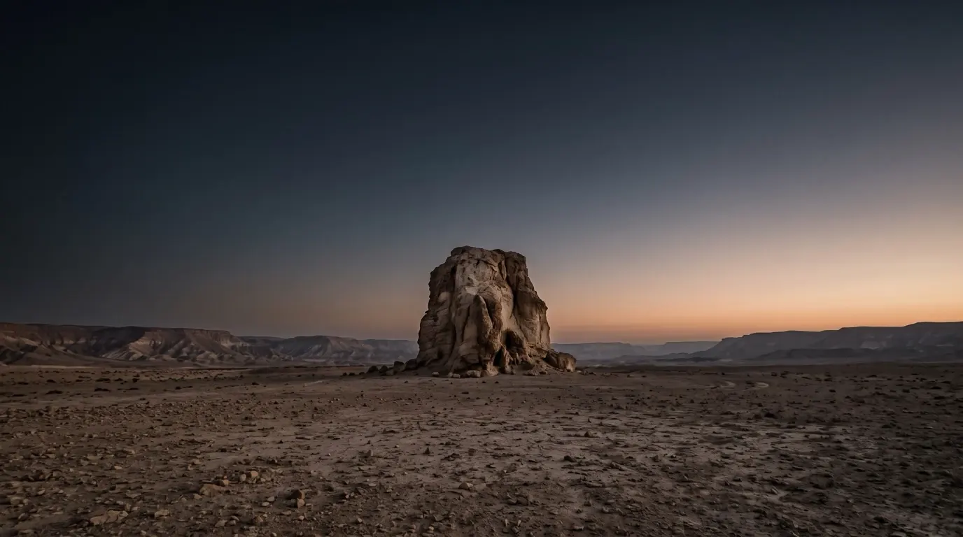 One great rock standing alone in the open desert.