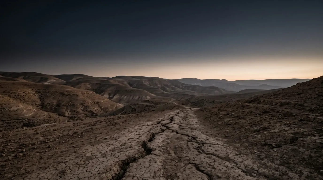 A dry and weary land, cracked ground running away to bare hills.