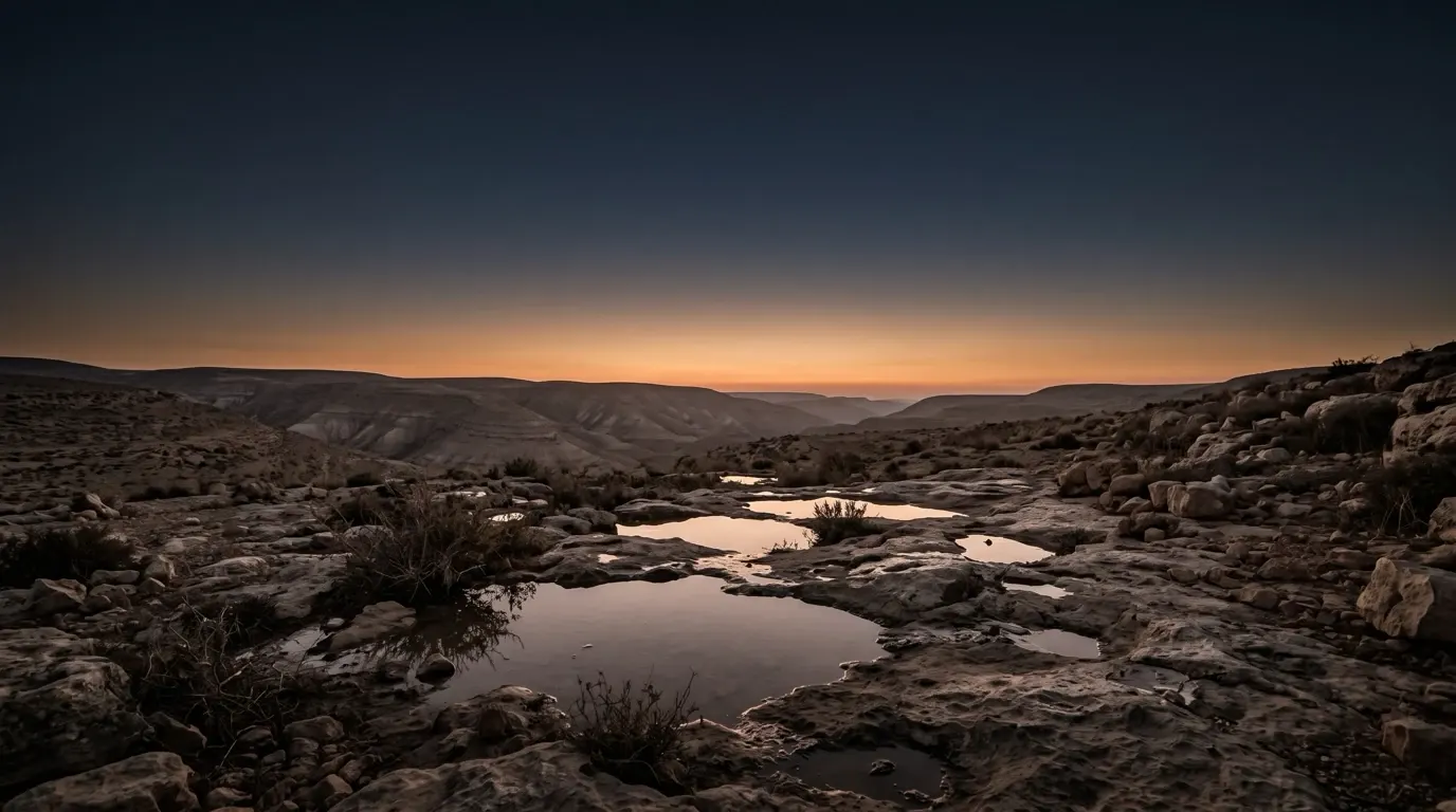 Rain pools standing among the rocks of a dry valley.