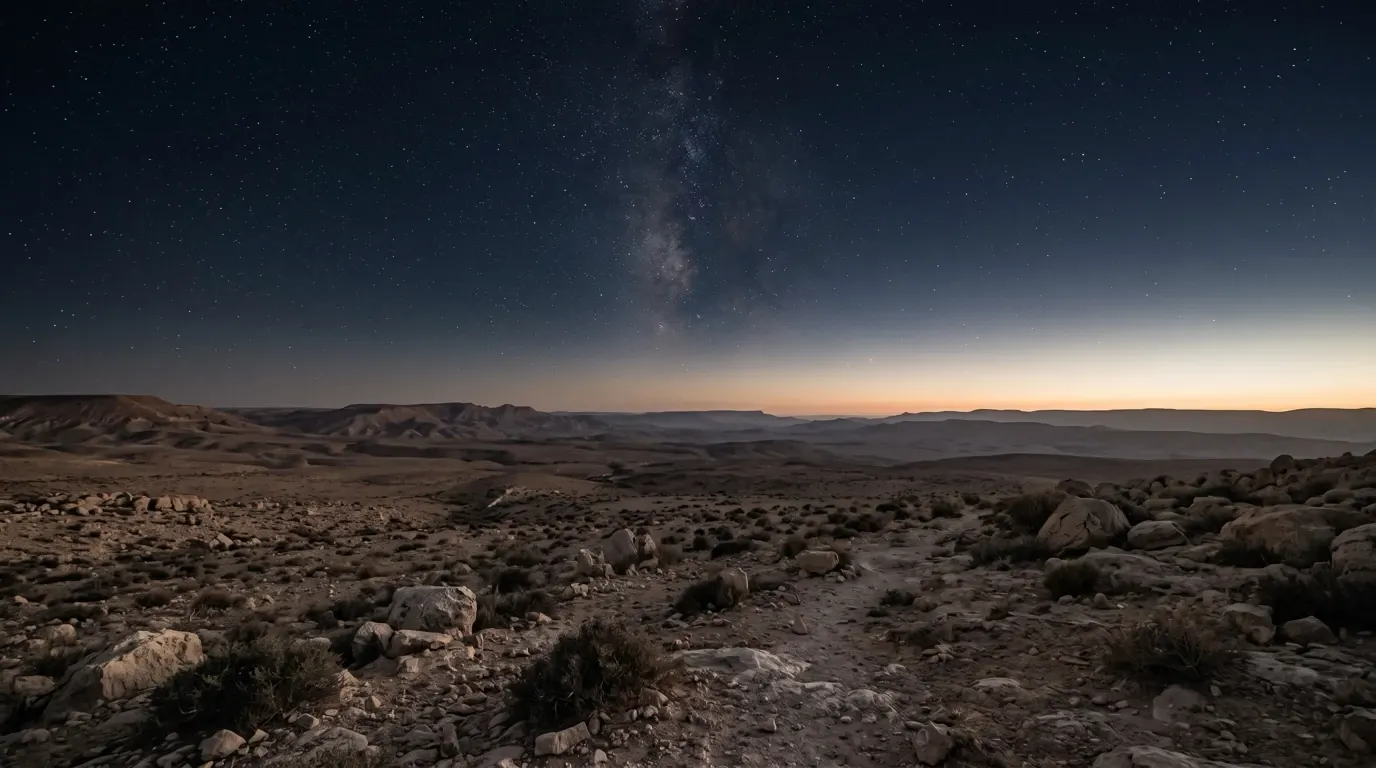 A clear sky full of stars above a wide, stony plateau.