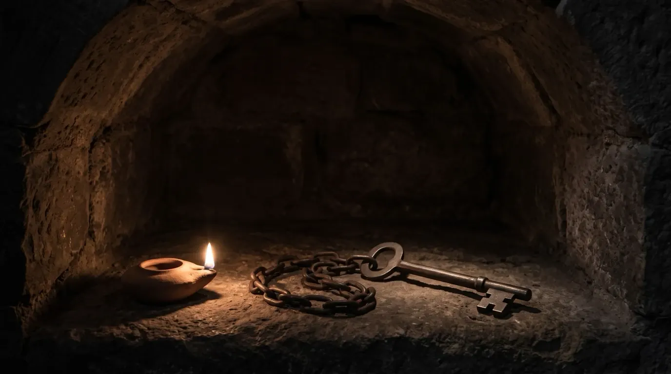 A great iron key and a heavy chain lying on the rock of a stone niche.