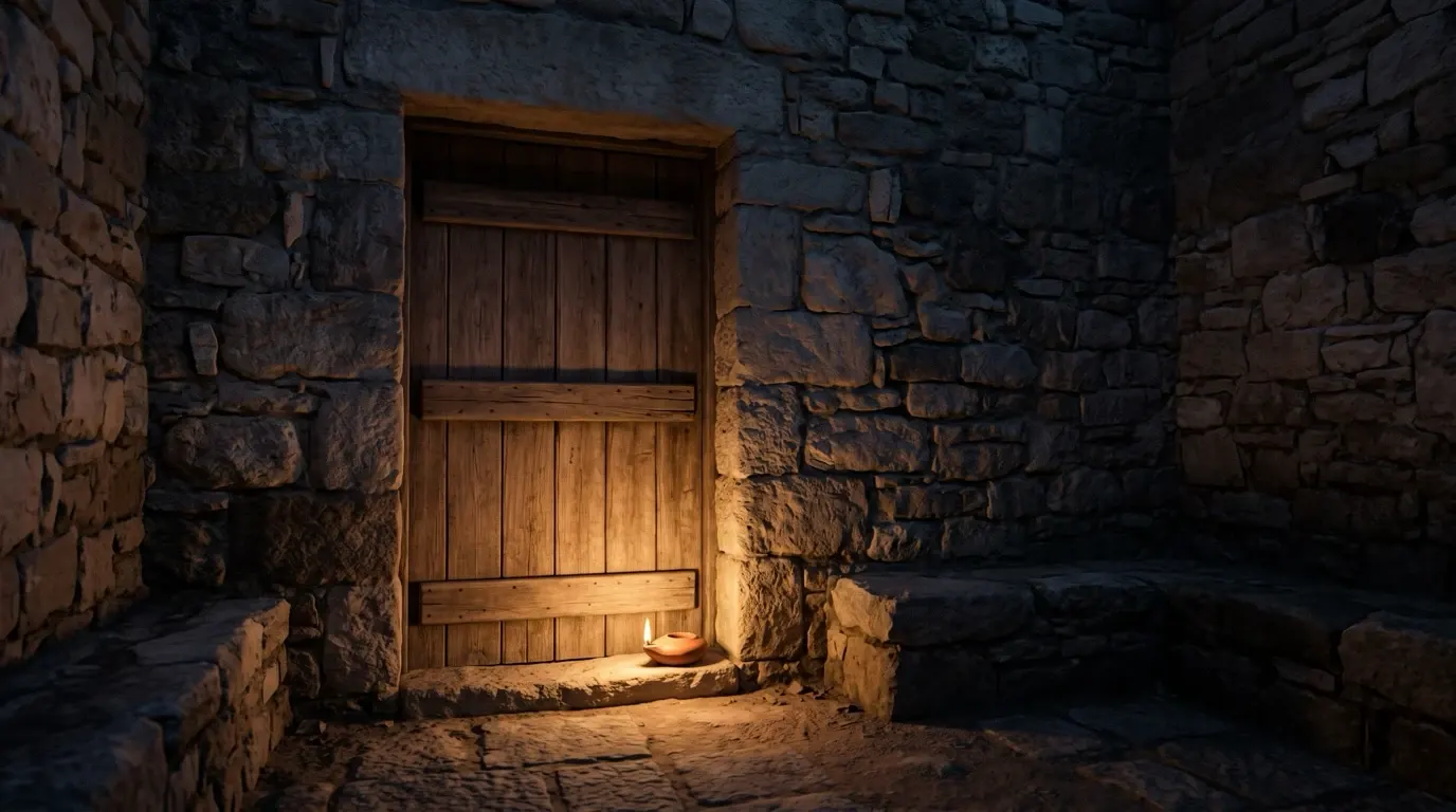 A closed wooden door in a stone wall, a small clay lamp at its threshold.