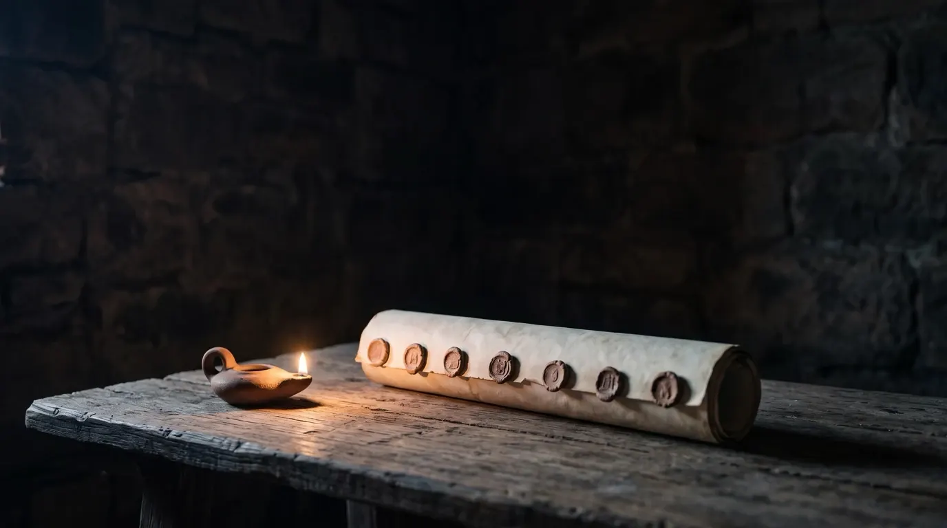 A rolled scroll sealed with seven clay seals on a wooden table.