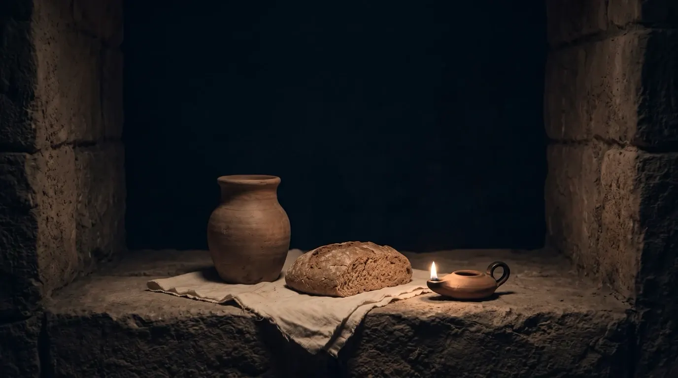 A jar of water and a loaf of bread set out on a stone ledge, as for a guest.