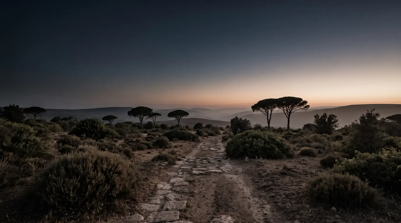 Wide rolling hills of umbrella pines and olive scrub, an old paved road running into them.