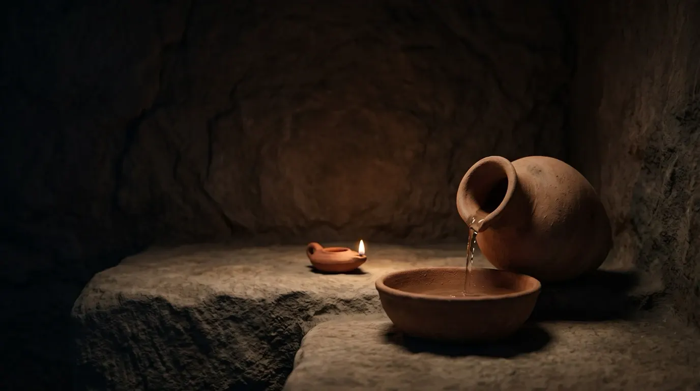 Water pouring from a clay jar into a bowl on a stone ledge.