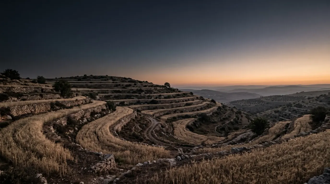 Ripening barley on curved stone terraces at the beginning of harvest, the grain pale gold on the slope.